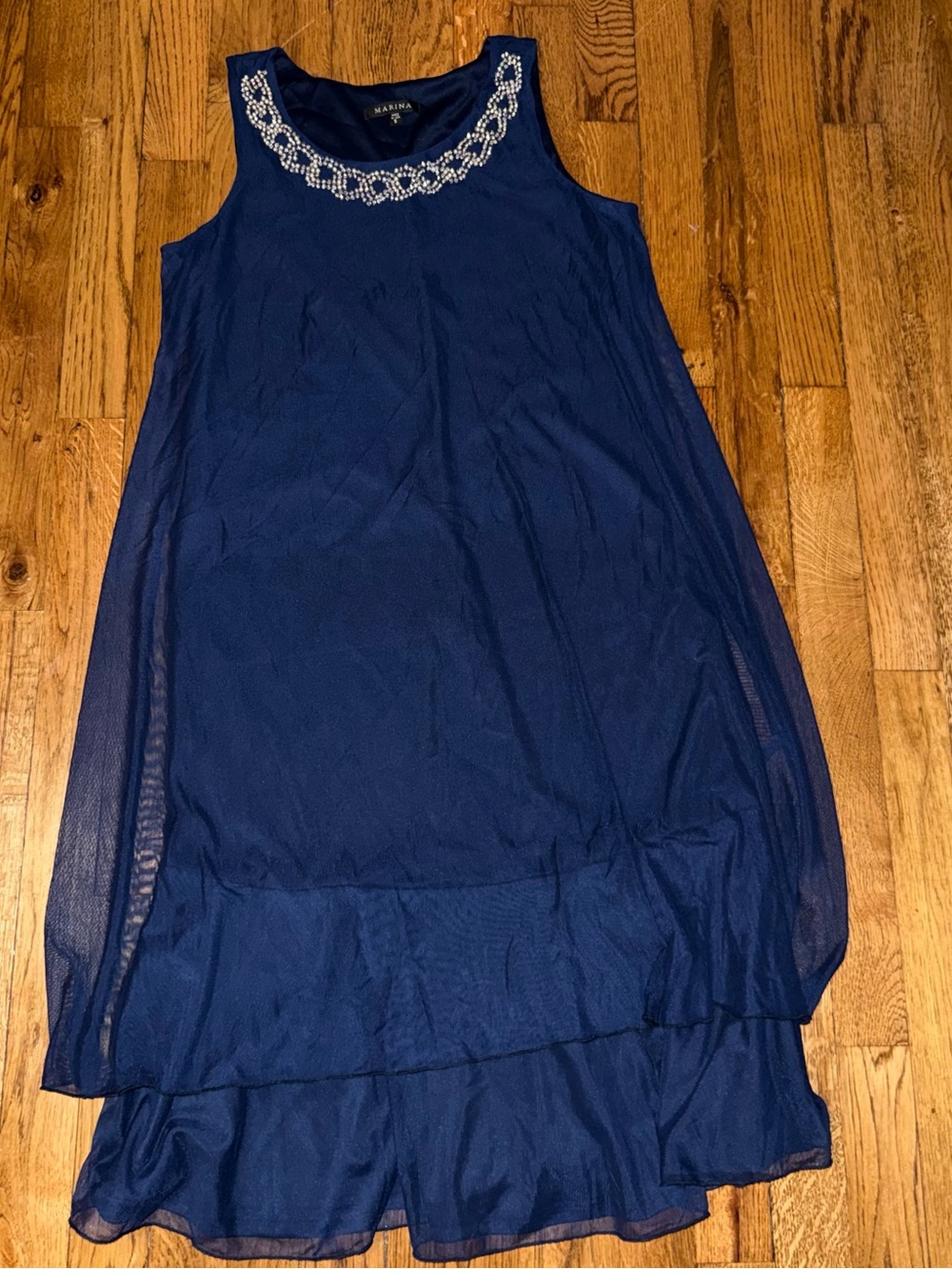 MARINA Navy Blue Sleeveless Dress with Beaded Neckline